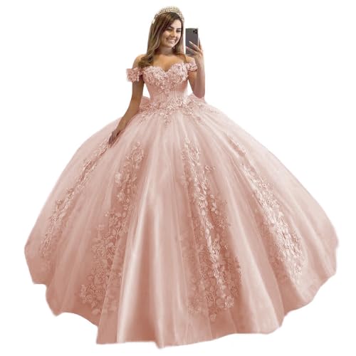 XYAYE Luxury Rose Gold Quinceanera Dresses for Women Off Shoulder Lace Sweet 15 16 Dresses Puffy Tulle Lace Ball Gown Size 6