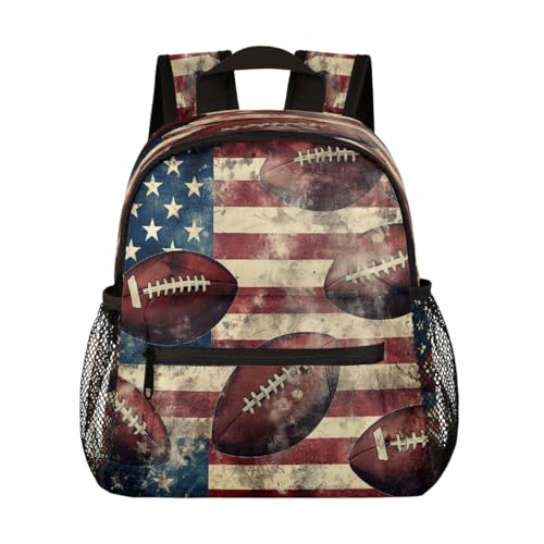 Retro American Football Flag Print Kids Backpack for Boys Girls, Waterproof Lightweight Toddler School Bag with Chest Strap, Small Travel Book Bag Preschool Kindergarten Backpack
