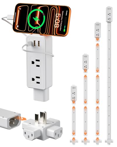Electrical Outlet Extender Stick, 4-Way Directional Plug Expander, USB-C/2 USB-A & 2 AC Outlets, 8''-45'' Extendable, Secure Screw Mount for Sofa Bedside Home Office,Hard-to-Reach Outlets Solution