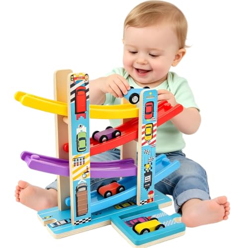 Image of Heirio Montessori Toys for 1 2 3 Year Old Boy Girl - No Assembly Wooden Car Ramp Toy with 4 Race Cars & Parking Lot Garage, Perfect 18 Month 2nd 3rd Birthday Gifts for Toddlers Kids