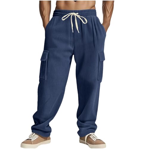 Men's Corduroy Casual Cargo Pants with Multi Pockets Trendy Relaxed Pant Drawstring Elastic Waist Athletic Trousers