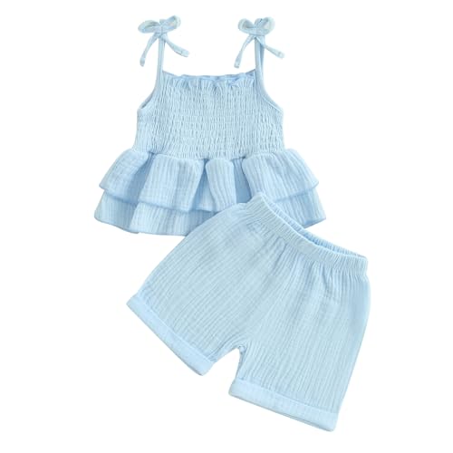Youweixiong Toddler Baby Girl Cotton Linen Outfit Plain Color Sleeveless Smocked Ruffle Cami Tops Elastic Waist Shorts Set Summer Clothes (Blue, 12-18 Months)