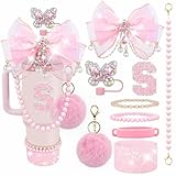 Letter Stickers Bling Accessories Set for Stanley 40/30/20 oz Tumbler: Bow Straw Topper, Charms, Butterfly Cap, Pearl Strap, Silicone Boot, Accessories for Stanley Quencher H2.0 (S, Pink Peony)