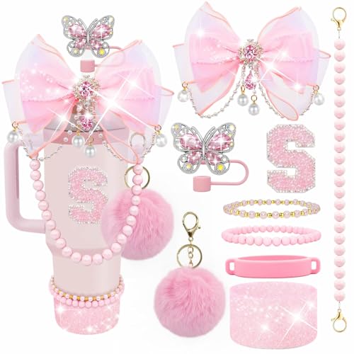Letter Stickers Bling Accessories Set for Stanley 40/30/20 oz Tumbler: Bow Straw Topper, Charms, Butterfly Cap, Pearl Strap, Silicone Boot, Accessories for Stanley Quencher H2.0 (S, Pink Peony)