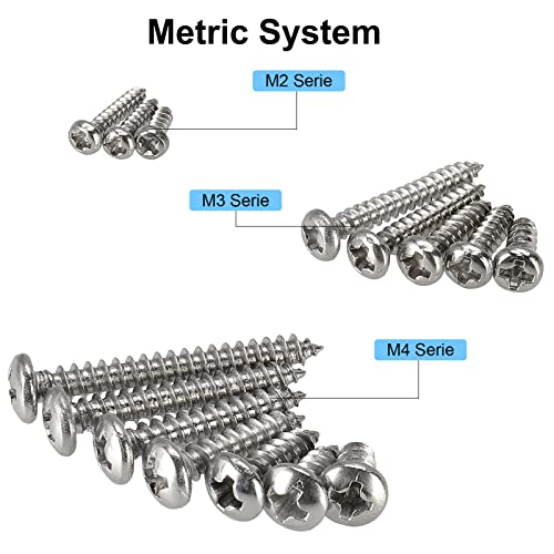 FandWay 595Pcs Self Tapping Screws 304 Stainless Steel,M2 M3 M4 Small Wood Screws Assortment,Pan Head Self Drilling Screw,Round Head Sheet Metal Screw Phillips Drive for DIY Wood Repairs. - Image 3