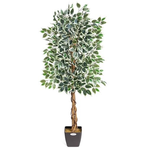 Christow Artificial Ficus Tree, Fake Weeping Fig House Plant for Home Decoration, Lifelike Variegated Leaves, Natural Wooden Trunk with Twists, Weighted Pot, Indoor Outdoor (150cm / 5ft)