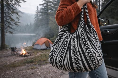 Bolso Tote de lona estilo Hobo color Negro Blanco miniatura 3