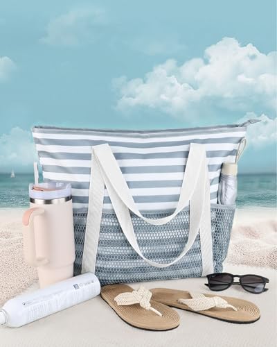 Image of HOMESPON Beach Bag Large Waterproof Sandproof Tote for Women with Zipper and Mesh Pockets