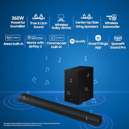 Image of Samsung 360 W 5.1.2 ch (HW-Q800D /XL) Wireless Dolby Atmos Soundbar with Wireless Subwoofer, Center /Up /Side Firing Speakers, Surround Sound, Built-in Alexa, AirPlay2, Wi-Fi, Bluetooth, HDMI (Black)