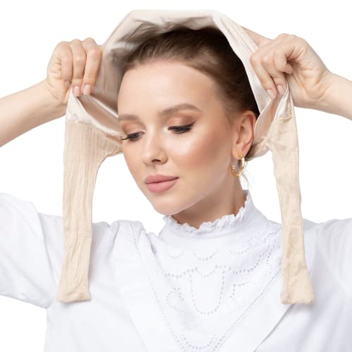 Women’s Cotton Bonnet with Silky Satin Lining for Hair Protection | Elegant Hijab Undercap, Sleep Cap, Breathable Underscarf with Tie-Back for Fashionable Modest Wearers (Nude)