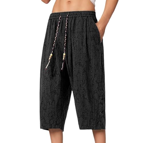 Pantalones japoneses Hombre Baggy 3/4 Pantalones Cortos Taro para Hombres de Lino Ropa Kimonos Tradicionales Japoneses con Cordón de Ajuste Pantalón Corto Casual Suelto Pantalones Cortos Bermudas