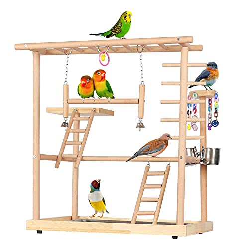 Echaprey Bird Playground Parakeet Cockatiel Playstand Parrot Gym Playground Natural Wood Double Layer Pet Bird Perch Stand with Feeder Bowl Ladder