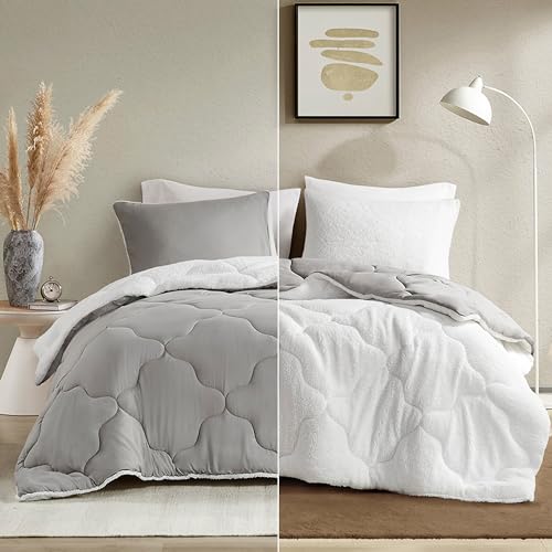 Image of Comfort Spaces Queen Comforter Set, Chic Reversible Quatrefoil Quilting, Sherpa Comforters Queen, All Seasons, Lightweight Microfiber Bedding Set Matching Sham, Vixie, Full /Queen Grey /White 3 Piece
