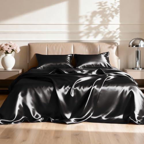 Image of Love's cabin Satin Queen Sheets Set - 4 Piece Black Silky Bed Sheets Set with Deep Pocket, Luxury Silk Feel Satin Queen Size Sheet Set (1 Flat Sheet,1 Fitted Sheet,2 Pillow Cases)
