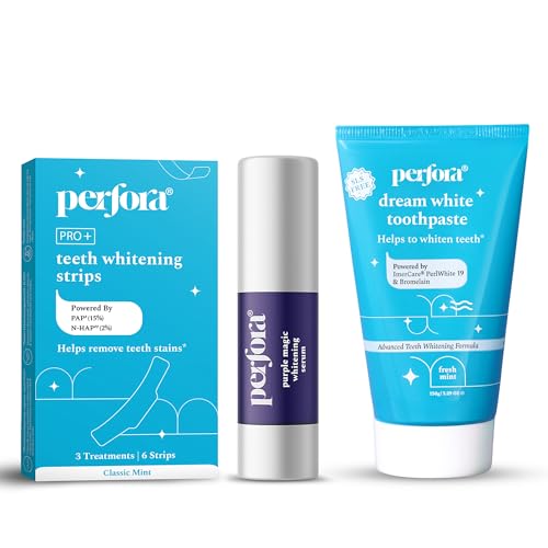 Image of Perfora Teeth Whitening Combo - Whitens Teeth in 1 Use | Enamel-Safe & Sensitivity-Free Oral Care Formula For Tooth Stain Removal | Teeth Whitening Strips - Pack Of 3, Purple Serum - 30ml & Dream White Tooth paste 150 gm