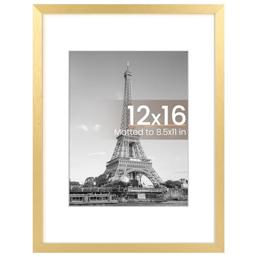 Image of upsimples 12x16 Picture Frame, Display Pictures 8.5x11 with Mat or 12x16 Without Mat, Wall Hanging Photo Frame, Gold, 1 Pack