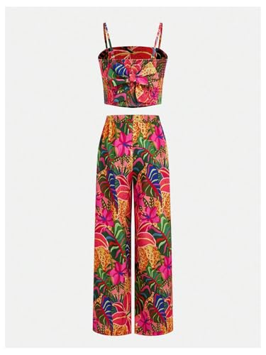 Image of Floerns Girl's 2 Piece Outfit Hawaiian Tropical Crop Cami Tops and Boho Pants Set