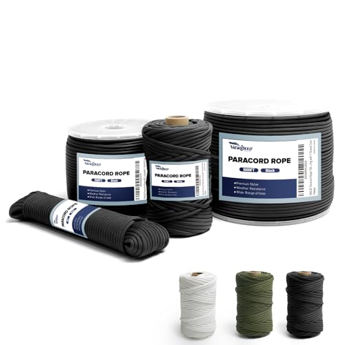 Paracord 550lb, Nylon Rope 1000FT, Tactical Parachute Cord, Type III Survival String with 7-Strand Core for Hiking, DIY, Camping, Black