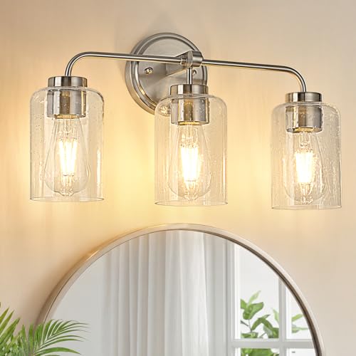 Image of 3-Light Bathroom Light Fixtures, 18 inch Brushed Nickel Vanity Light | Thick Seeded Glass, Bathroom Wall Lamp for Mirror, Rust-Proof, Reversible Up /Down Mount, ETL Certified, E26 Ceramic Sockets