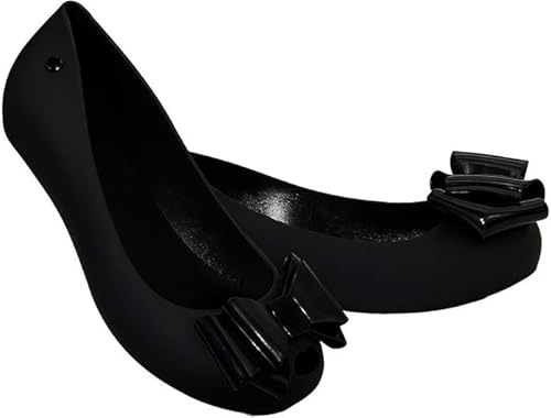 Bismaa Womens Black Jelly Shoes with Bow - Ladies Comfy Slip-On Casual Wear Every-Day Jelly Flats Ballerina Pumps, 4 UK