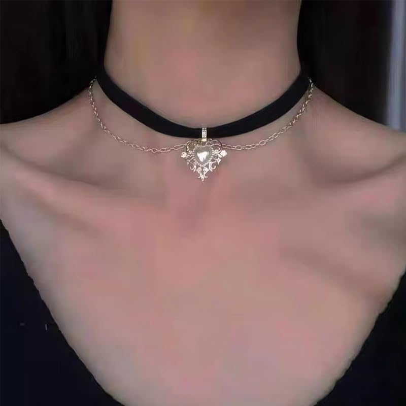 Layered Heart Velvet Choker Necklace Black Silver Goth Heart Pendant Necklaces Elegant Lolita Pearl Heart Choker Necklace Gothic Halloween Costume Outfits Accessories for Women - Image 3