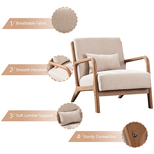 Inzoy Mid Century Modern Accent Chair With Wood Frame, Upholstered Living Room Chairs With Waist Cushion, Reading Armchair For Bedroom Sunroom (Beige) #TOP3