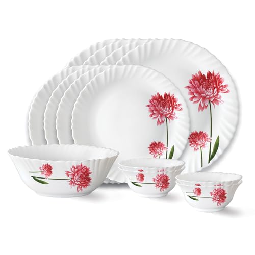 Image of Larah by Borosil Belle Fluted Series Opalware Dinner Set | 13 Pieces for Family of 4 | Microwave & Dishwasher Safe | Bone-Ash Free | Crockery Set for Dining & Gifting | Plates & Bowls | White