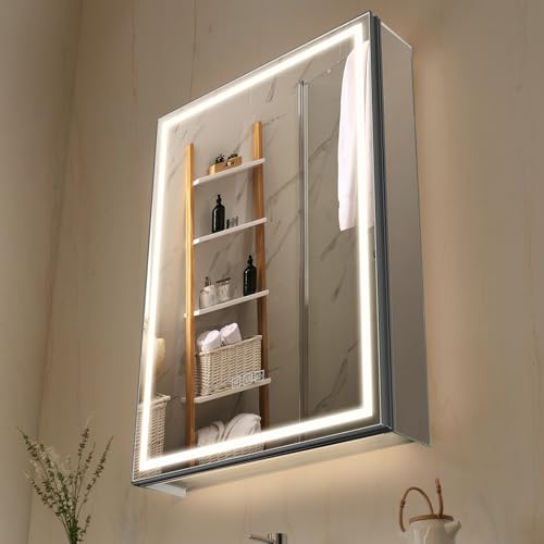 VEVOR Spiegelschrank Bad mit LED Beleuchtung (50 x 70 cm), LED Badezimmerschrank Einbau- oder Wandmontage, 3-farbig dimmbarer mit Bodenbeleuchtung, Verstellbarer Regalaufbewahrung