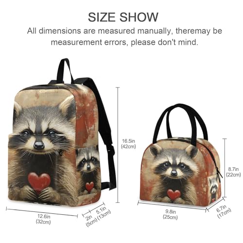 Backpack Lunch Bag Set Valentines Raccoon Print, Big Storage Travel Backpacks with Insulated Lunch Box for Office Hiking Picnic2