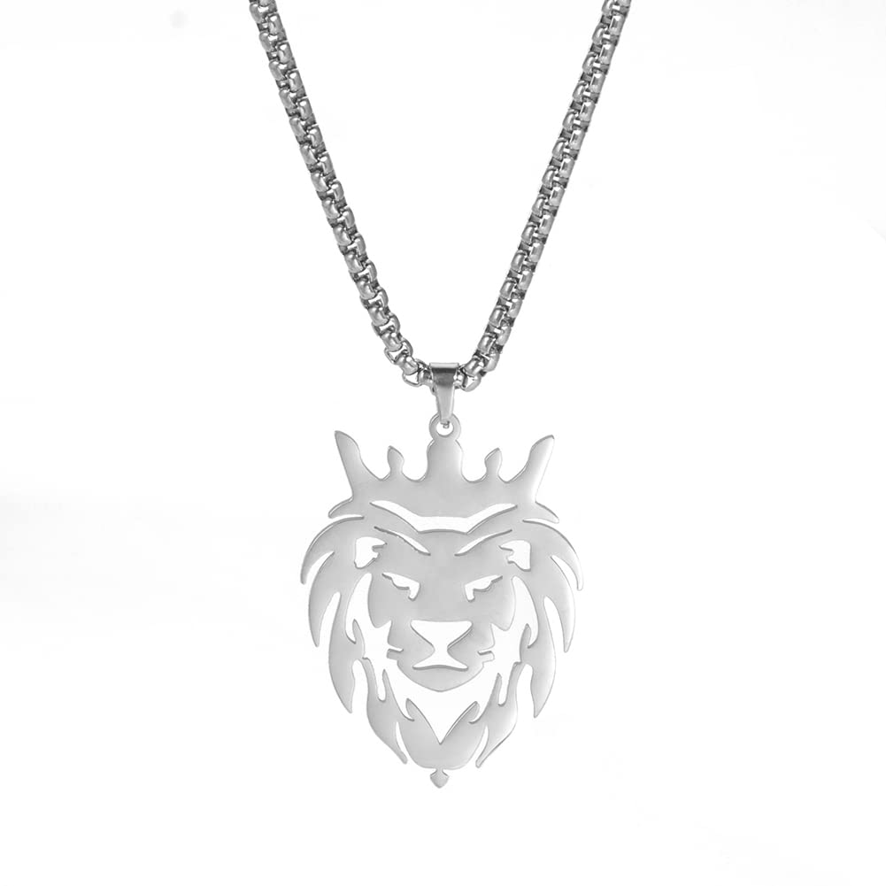 DreamtimesLeón Con Corona Rey Collares para Hombres Niños Punk Animal Collar Colgante de Acero Inoxidable Cadena para Hombres Joyería de Moda Gothic Punk Rock Mens Collar Colgante