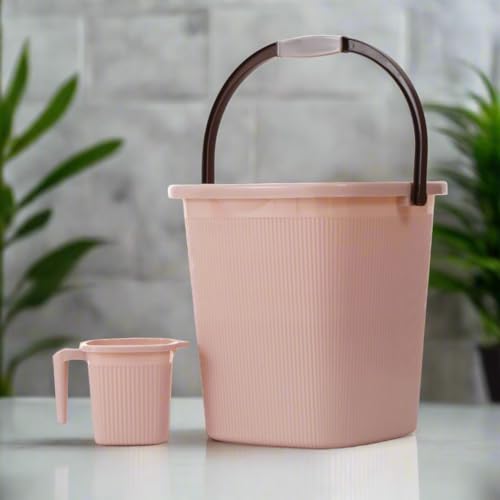 Image of Strong Plastic Bucket Mug Bathroom Set of 2 for Kitchen & Bathroom (25L Bucket,1.5L Mug) (Light Brown)