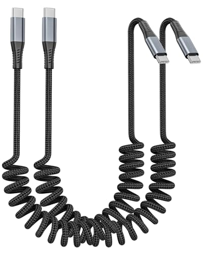 USB C to USB C Cable, 2Pack 3ft Coiled USB C Cable for Car, 60W Fast Charging, Retractable Nylon Braided USB-C Car Charger Cord for iPhone 17/16/15/Plus/Pro/Pro Max