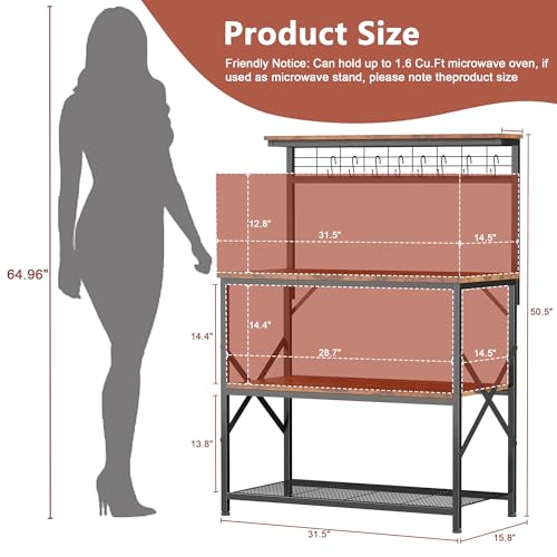 Furologee Kitchen Bakers Rack with Hutch,Coffee Stand with Storage 4 Tiers,Coffee Bar Station with a 31.5 Inch Larger Desktop and 8 S Hooks,Kitchen Microwave Rack for Spices,Pots,Rustic Brown