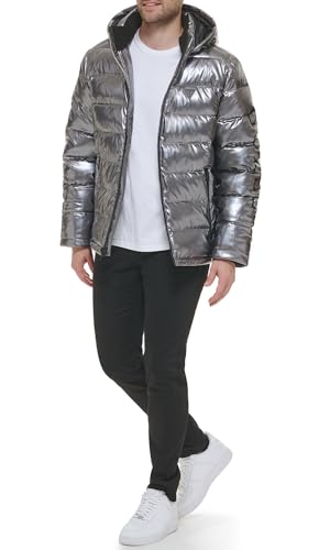 Guess mens Holographic Hooded Puffer Jacket