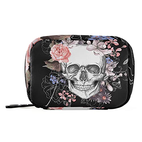 Naanle Watercolor Flower Skull Pill Box 7 Day Pill Case Travel Pill Organizer Bag with Zipper Portable Weekly Case Compact Size for Vitamin Supplement Holder
