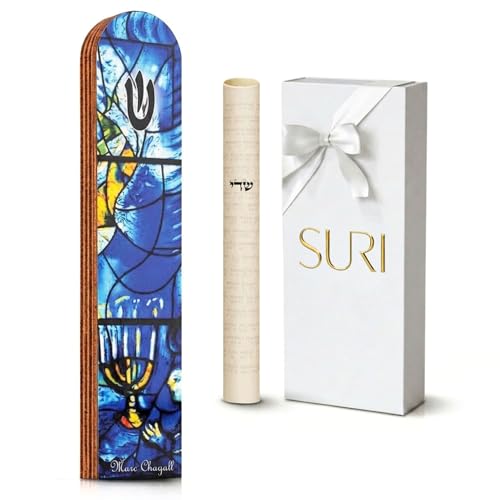 Image of SURI Wooden Mezuzah with Printed Scroll for Door - 5 Inch Chagall Inspired Blue Jewish Door mezuzah Cover, Self-Stick Adhesive, Fits a 4 Inch Scroll, Gift Box Included