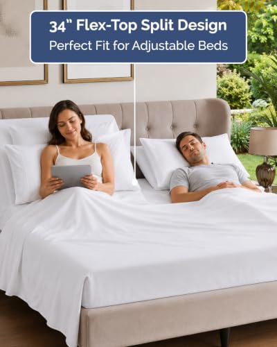 Image of Flex Top Split Head King 6 Piece Sheet Set - Breathable & Cooling - White | Ultra Soft Hotel Luxury Bedding Set w / 8-16 Inch Deep Pockets, 1 Flat & 1 Split-Head Fitted Sheet & 4 Pillowcases, Fade Free