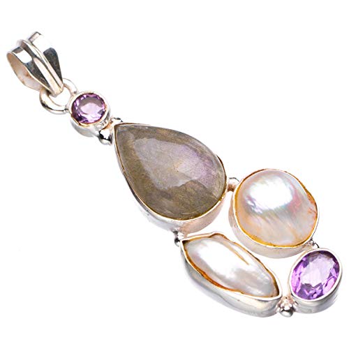 Pendentif labradorite de feu bleu améthyste perle de Biwa argent 925 D5654
