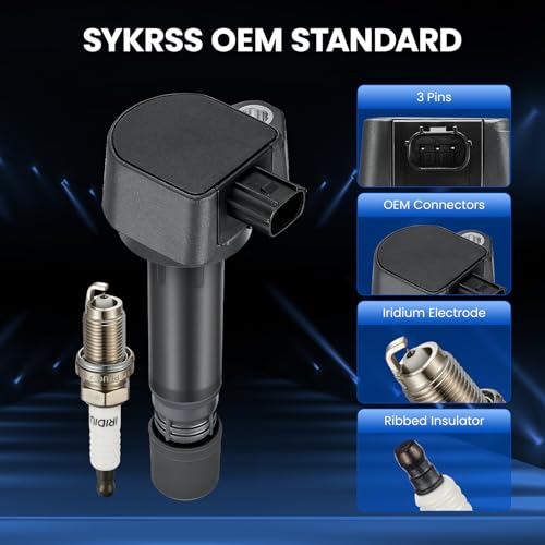 Image of Set of 4 Ignition Coil Pack UF582 and Iridium Spark Plugs IZFR6K11S 4 Pack Compatible with Honda Civic 1.8L L4 Replaces 30520RNAA01 C1580 UF-582 5C1637 E1082 IC662 099700-102 DQ50132 52-1874
