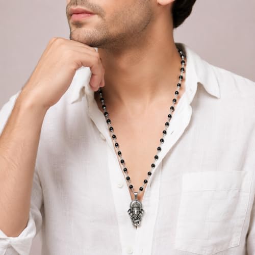 Image of Karungali Malai 8mm Certified with Vakratunda Ganesha Pendant Silver Plated | 54 Beads Authentic Black Ebony Wood Mala with German Silver Cap | Spiritual Protection Chain for Men & Women