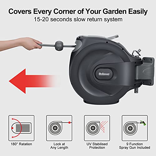 Guitrees Retractable Garden Hose Reel 1/2” 115Ft+6Ft With Cover, Slow Return System, Any Length Lock, Wall Mounted, 9 Function Nozzle And 180°Swivel Bracket (Grey) #TOP5
