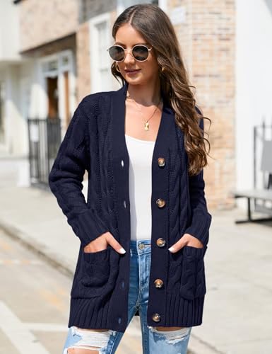 KOJOOIN Women's Casual Button Down Cardigan Sweaters Chunky Long Sleeve Cable Knit Outerwear Coat with Pocket2