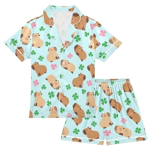 Capybara with Lucky Clover Blue Summer Satin Pajama Set, Cute Button-Down Sleepwear Pj Set for Sleep Wears