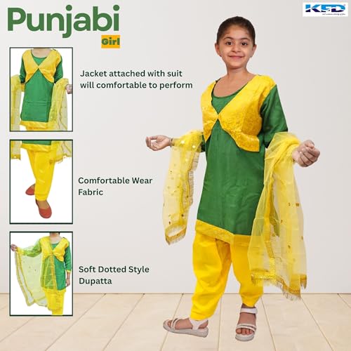 Image of Kaku Fancy Dresses Polyester Indian State Punjabi Folk Dance Costume for Kids /Salwar Suit with Dupatta For Girl Costume - Green & Yellow, 3-4 Years