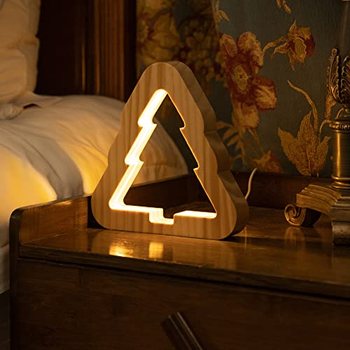 Vagasi Veilleuse LED en bois USB 3D Kawaii Lampe de table Décoration Chambre à Coucher Cadeau Anniversaire Noël Pour Enfants Bébé, Sapin Noël Cover