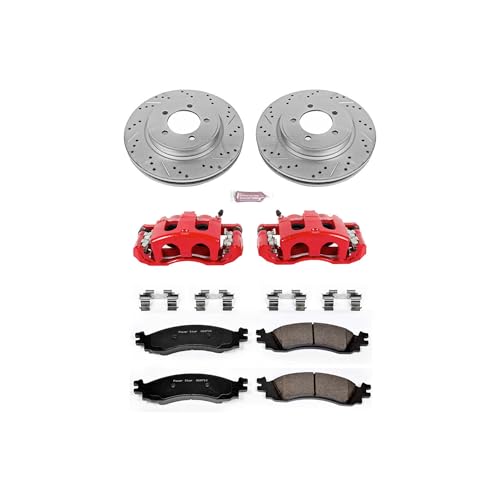Image of PowerStop Front Brake Kit for Ford Explorer 2006-10 |Explorer Sport Trac 2007-10 - Carbon-Fiber Ceramic Brake Pads + Drilled & Slotted Rotors + Red Powder Coated Calipers, KC1441
