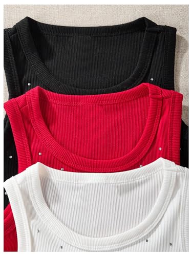 Floerns Girl's 3 Pack Tank Tops Rhinestone Ribbed Knit Crew Neck Sleeveless Crop Top3