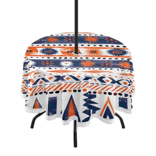 Wajiw 60 Inch Indoor Outdoor Round Tablecloth with Umbrella Hole and Zipper Waterproof Patio Table Cover for Camping Dining Room Party Outdoor Picnic,Aztec Pattern