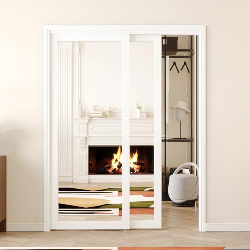 ARKHJEM Sliding Closet Door, 60' x 80' (Double 30'), One Side Mirror, Complete Set with Hardware...