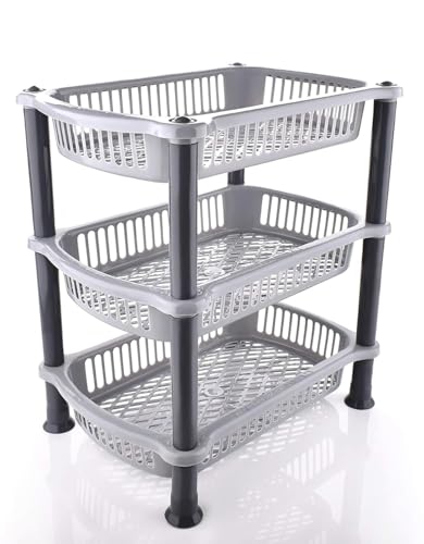 Image of Plastic 3 Layer Multi-Purpose Kitchen Storage Basket Rack|Vegetable Basket For Kitchen (colour : gray)